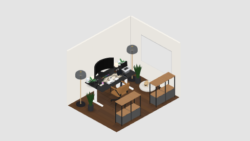 cozy room — a 34-item desk setup built in 3D on JUDDESK