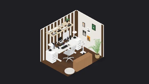 Brown & White — a 63-item desk setup built in 3D on JUDDESK