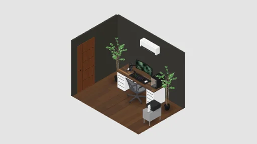 My Cozy WFH Setup — a 18-item desk setup built in 3D on JUDDESK