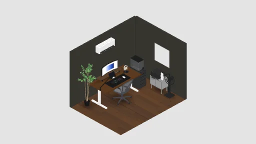 My Cozy WFH Setup — a 19-item desk setup built in 3D on JUDDESK