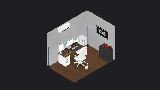 Kamar impian — a 18-item desk setup built in 3D on JUDDESK