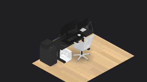 My Worked Setup — a 12-item desk setup built in 3D on JUDDESK