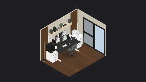 максимализм — a 48-item desk setup built in 3D on JUDDESK