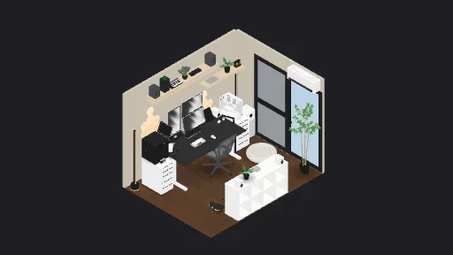 максимализм — a 54-item desk setup built in 3D on JUDDESK