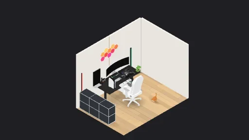Dual-monitor setup — a 18-item desk setup built in 3D on JUDDESK