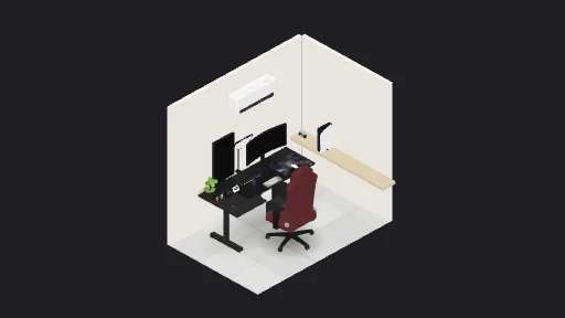Semoga kesampean — a 22-item desk setup built in 3D on JUDDESK